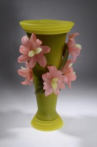 Flowering Vase/Green with Pink Flowers by Susan Rankin